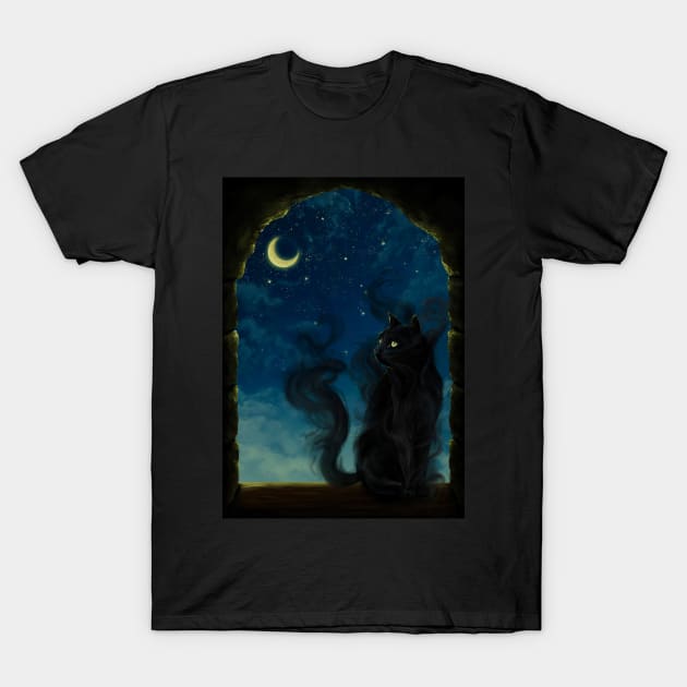 Shadow Black Cat Moon Night - Digital Art Painting T-Shirt by mendic